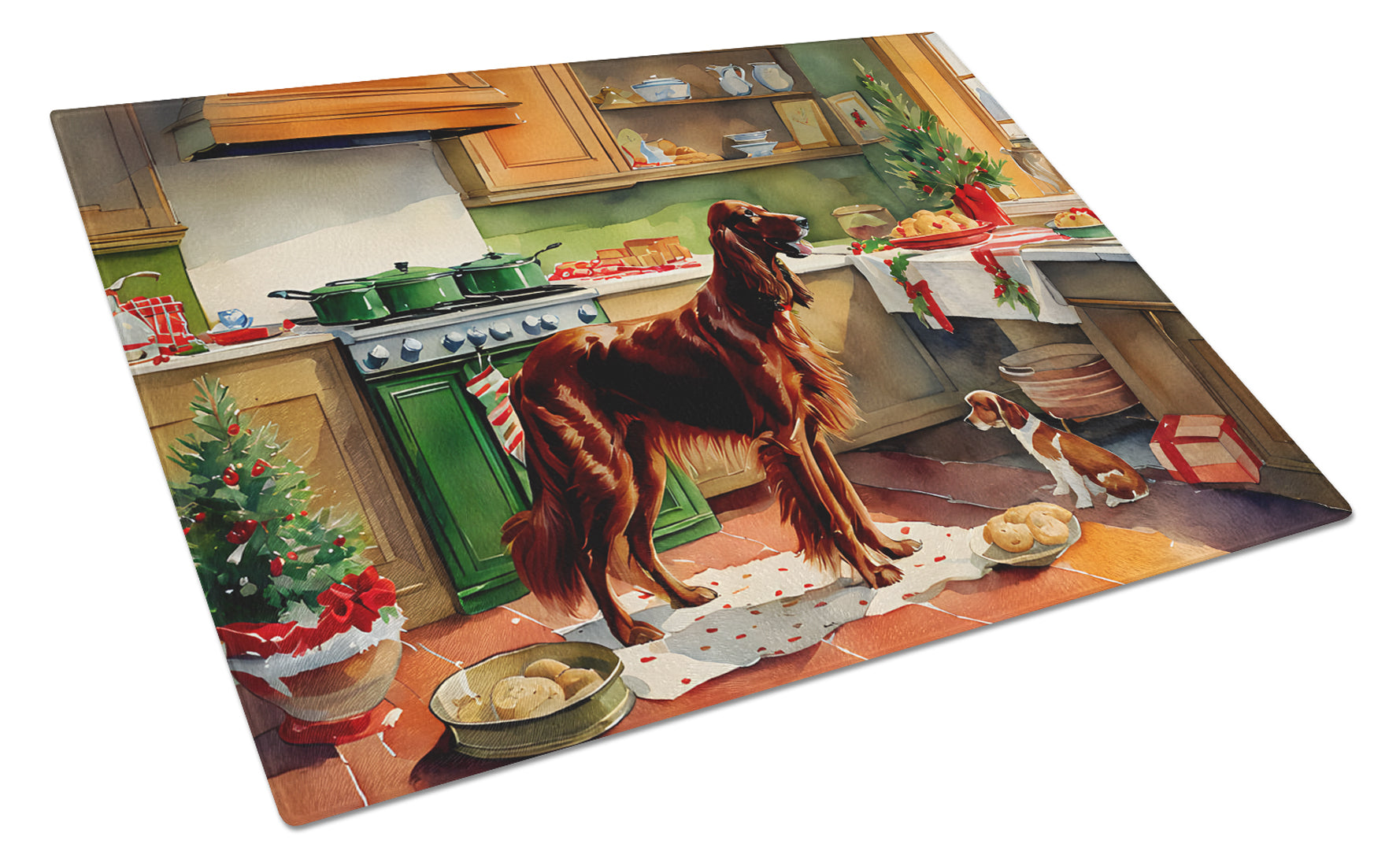 Irish Setter Christmas Cookies Cutting Board Tempered Glass Kitchen Cutting Surface, Heat Resistant Chopping, Non-Slip Feet, Food Prep & Serving