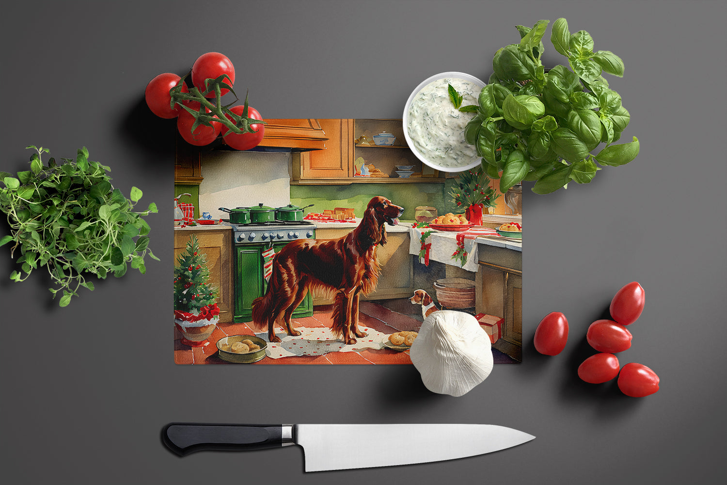 Irish Setter Christmas Cookies Cutting Board Tempered Glass Kitchen Cutting Surface, Heat Resistant Chopping, Non-Slip Feet, Food Prep & Serving