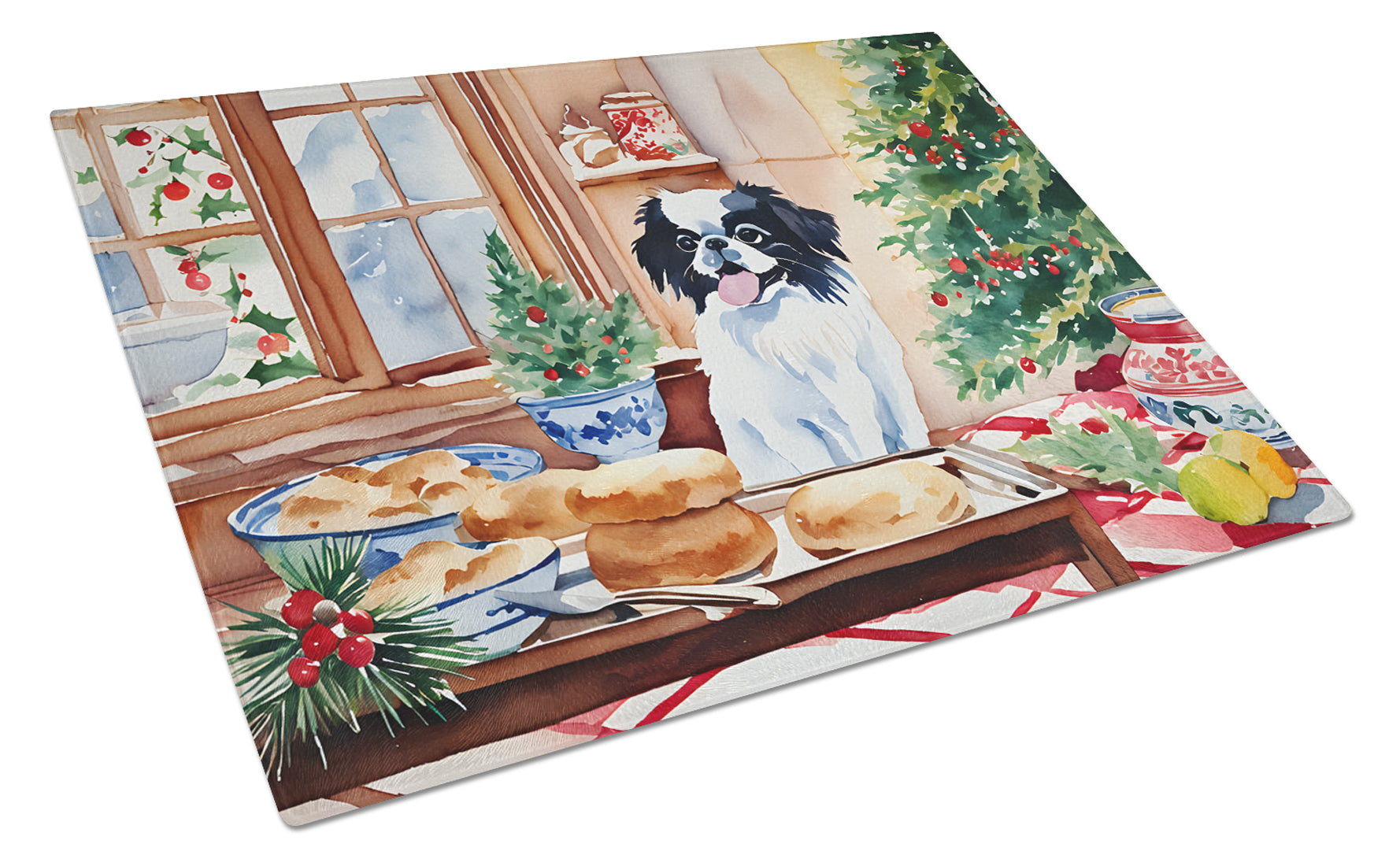 Japanese Chin Christmas Cookies Cutting Board Tempered Glass Kitchen Cutting Surface, Heat Resistant Chopping, Non-Slip Feet, Food Prep & Serving