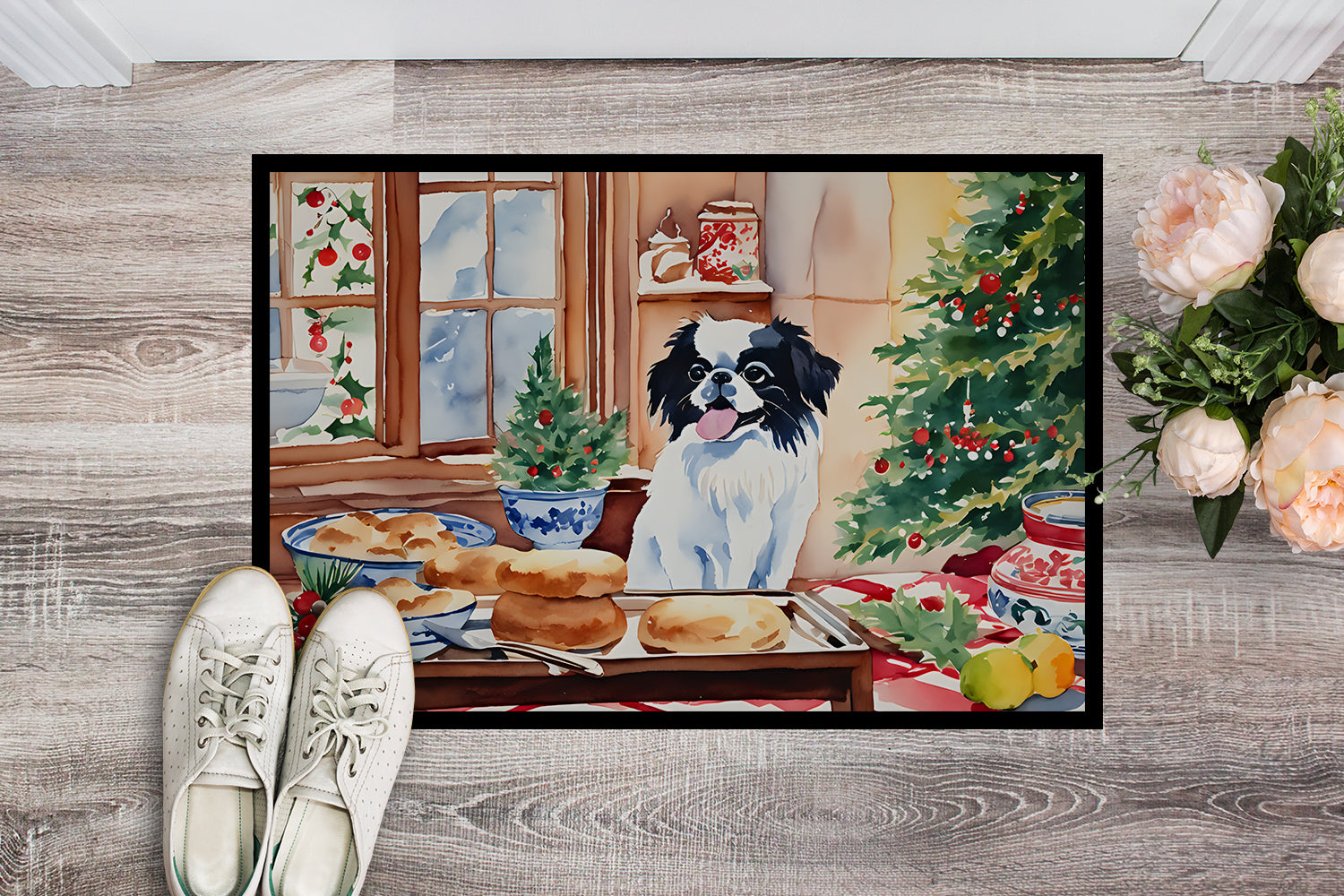 Japanese Chin Christmas Cookies Doormat Indoor Outdoor 18H X 27W Front Door Mat Rugs for Entryway, Non Slip Washable