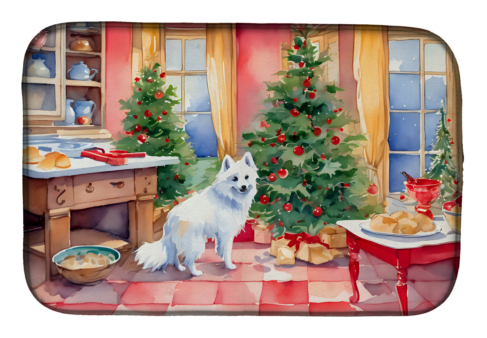 Japanese Spitz Christmas Cookies Dish Drying Mat Absorbent Dish Drying Mat Pad for Kitchen Counter Dish Drainer Mat for Countertop, 14 x 21", Multicolor