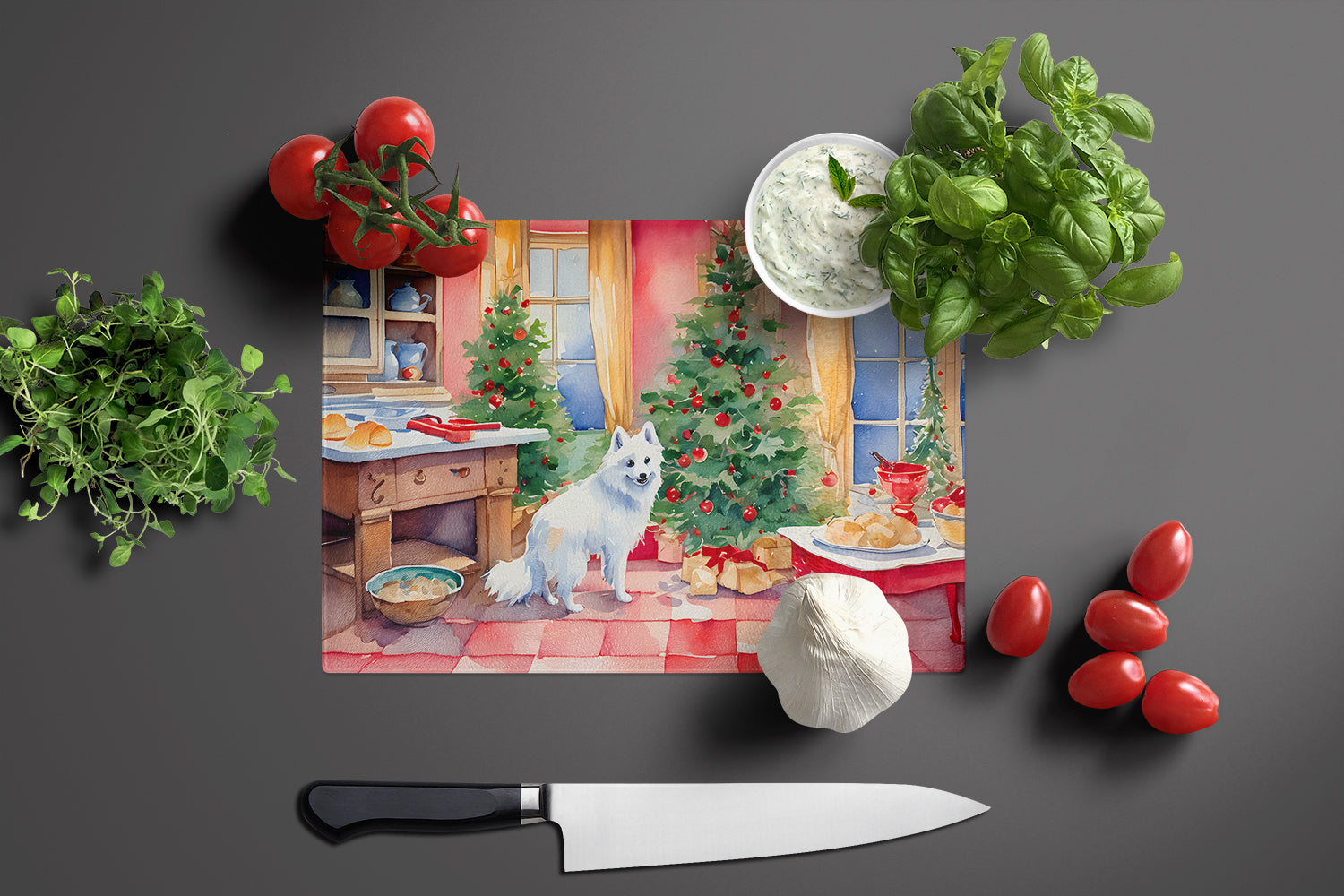 Japanese Spitz Christmas Cookies Cutting Board Tempered Glass Kitchen Cutting Surface, Heat Resistant Chopping, Non-Slip Feet, Food Prep & Serving