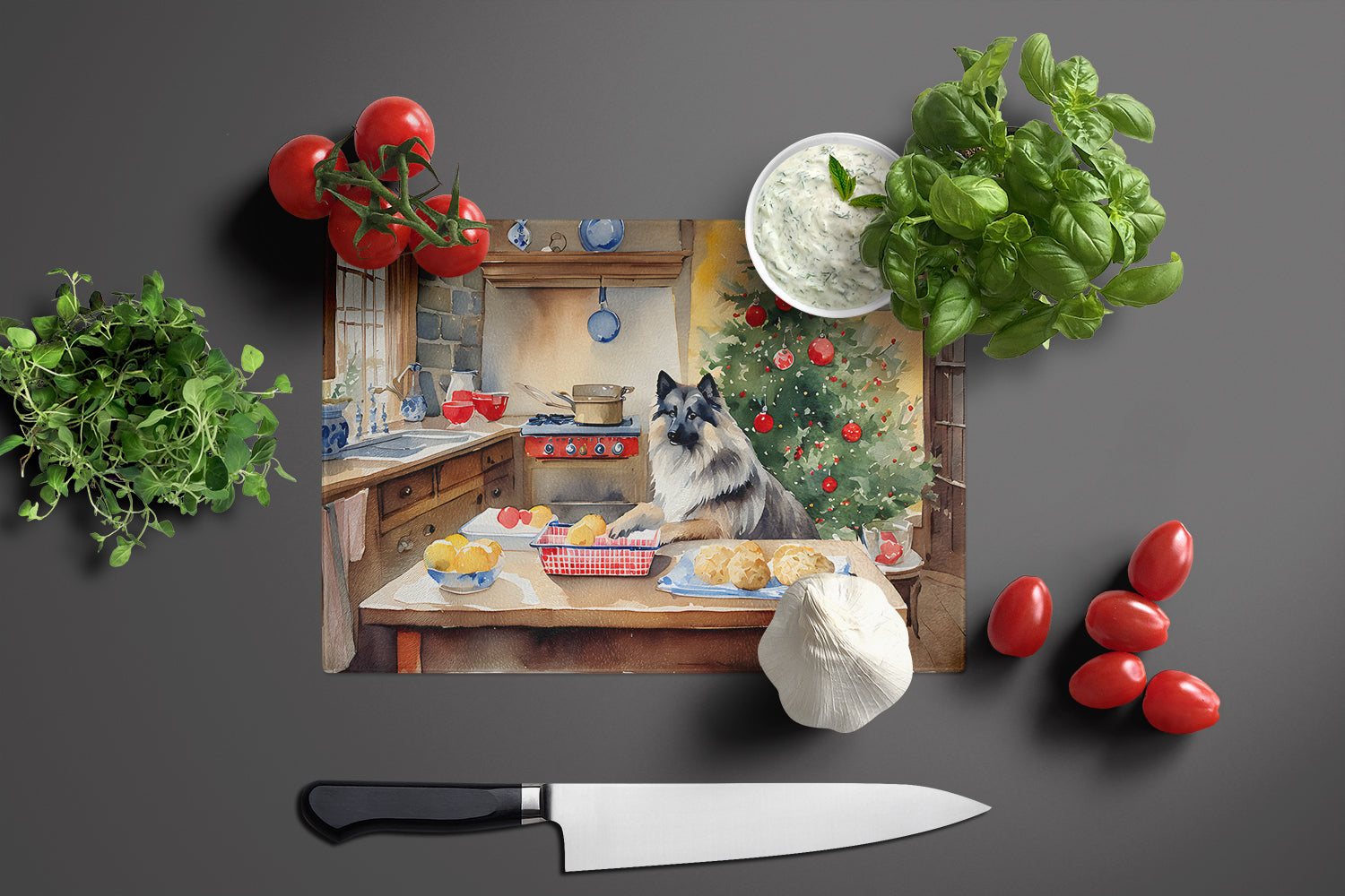 Keeshond Christmas Cookies Cutting Board Tempered Glass Kitchen Cutting Surface, Heat Resistant Chopping, Non-Slip Feet, Food Prep & Serving