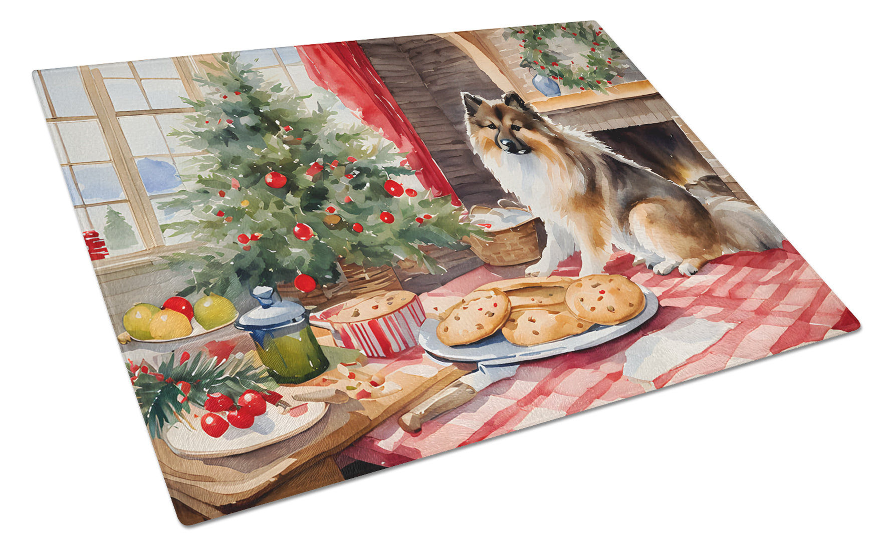 Keeshond Christmas Cookies Cutting Board Tempered Glass Kitchen Cutting Surface, Heat Resistant Chopping, Non-Slip Feet, Food Prep & Serving