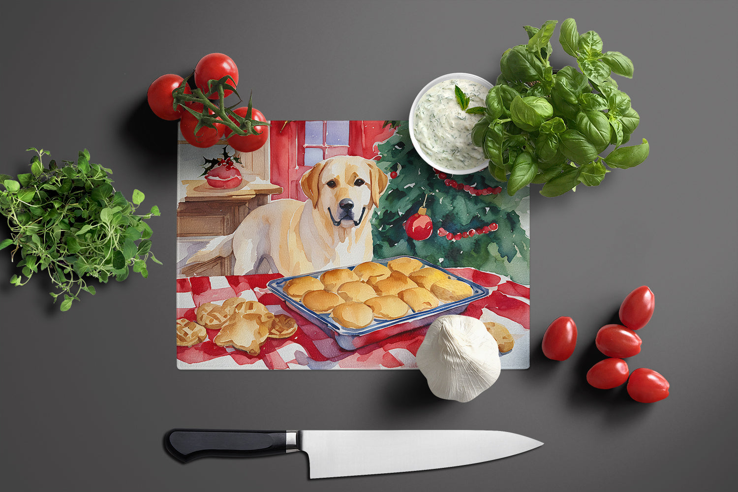 Labrador Retriever Christmas Cookies Cutting Board Tempered Glass Kitchen Cutting Surface, Heat Resistant Chopping, Non-Slip Feet, Food Prep & Serving