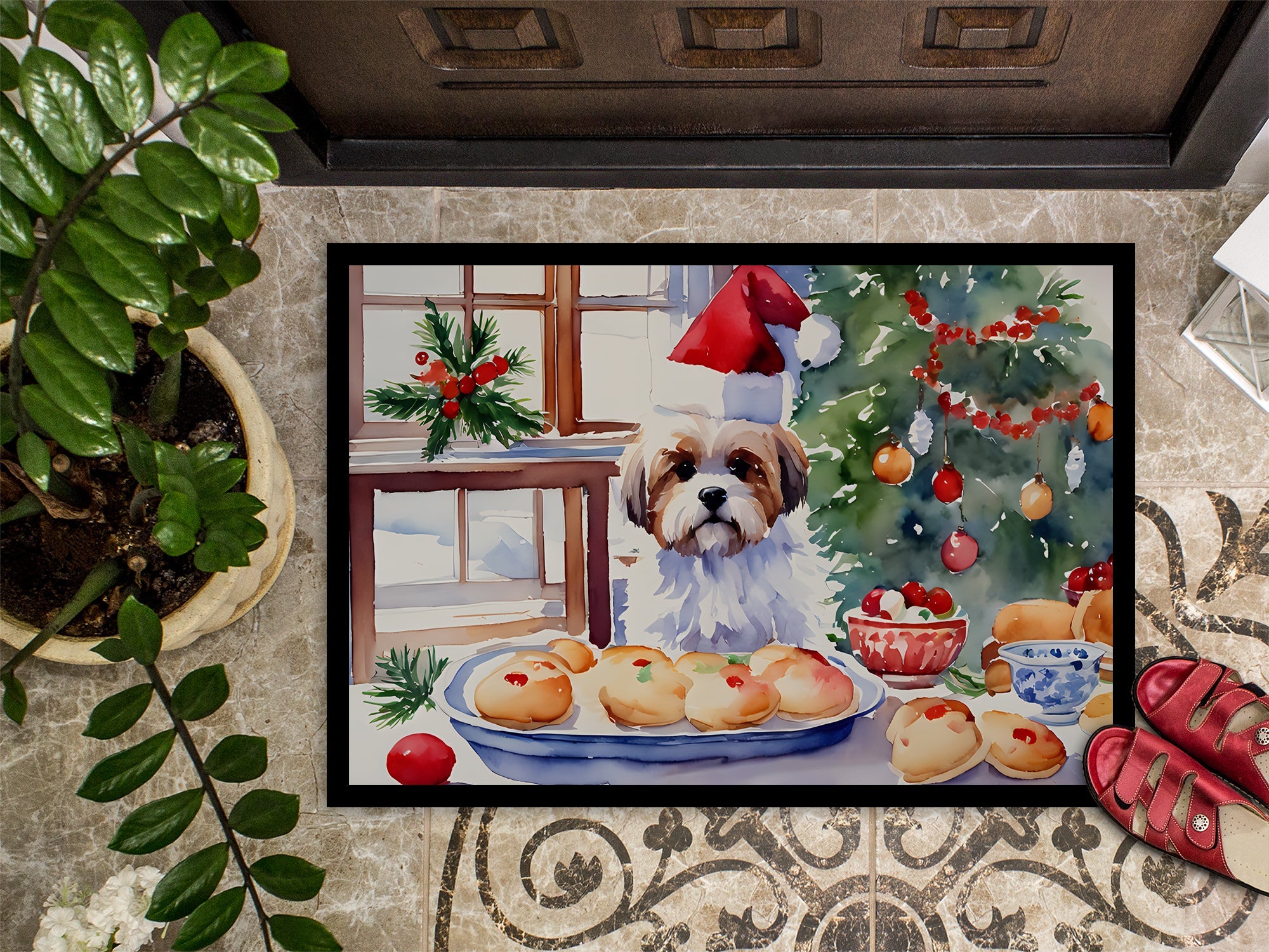Lhasa Apso Christmas Cookies Doormat Indoor Outdoor 18H X 27W Front Door Mat Rugs for Entryway, Non Slip Washable