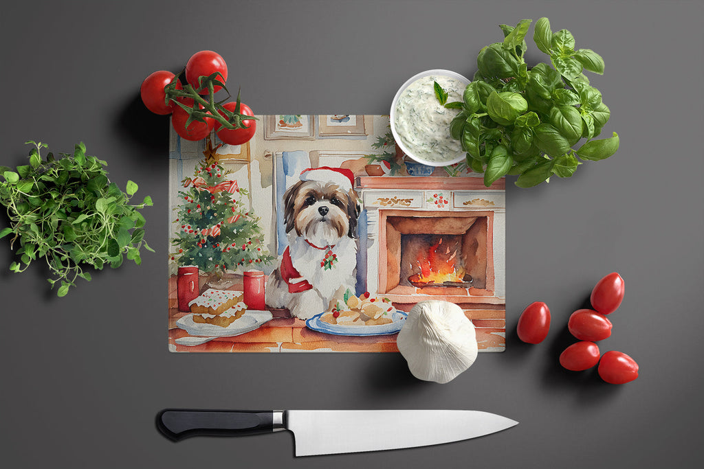 Lhasa Apso Christmas Cookies Cutting Board Tempered Glass Kitchen Cutting Surface, Heat Resistant Chopping, Non-Slip Feet, Food Prep & Serving