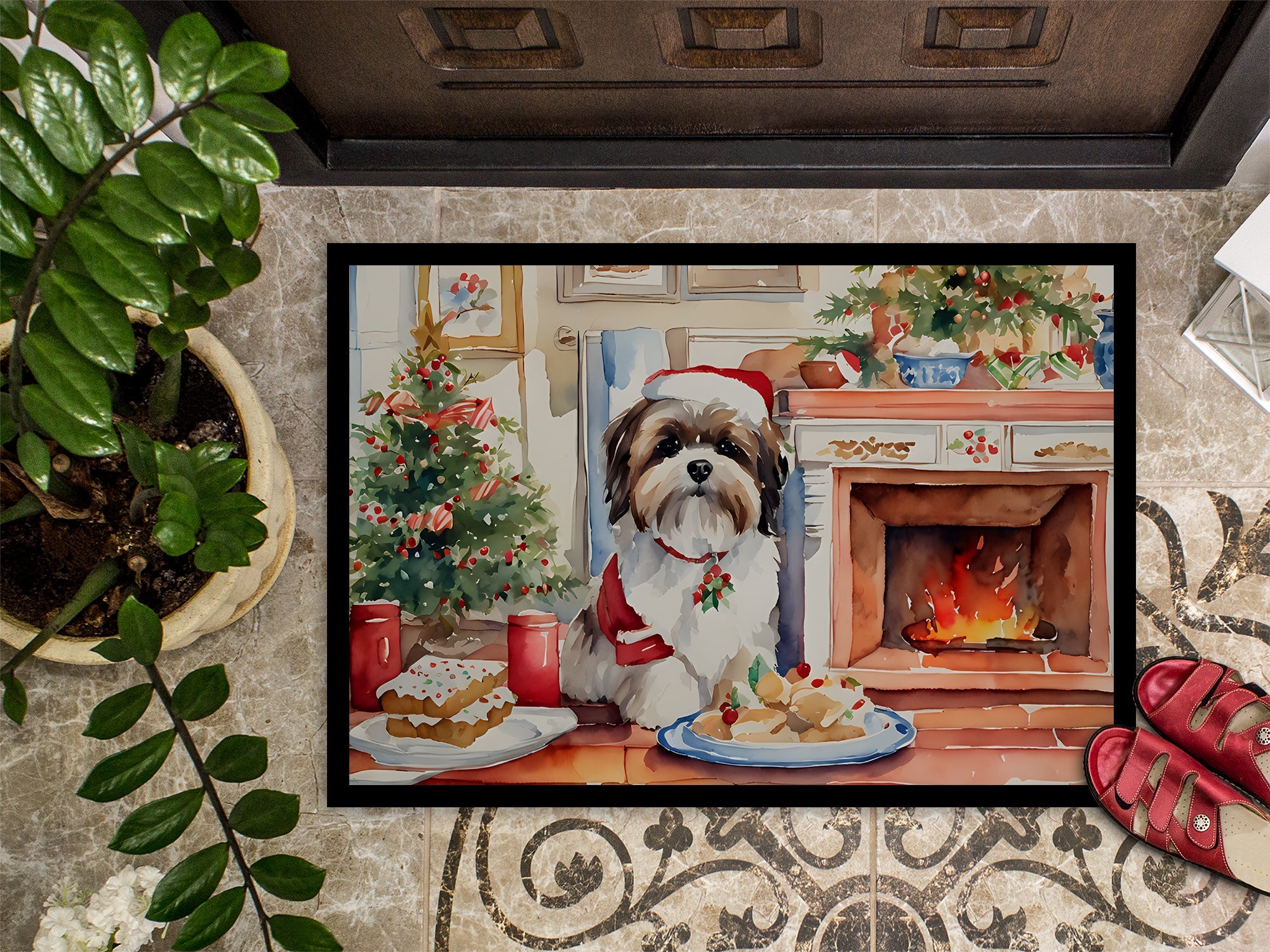 Lhasa Apso Christmas Cookies Doormat Indoor Outdoor 18H X 27W Front Door Mat Rugs for Entryway, Non Slip Washable