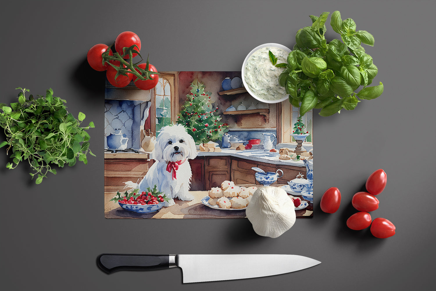 Maltese Christmas Cookies Cutting Board Tempered Glass Kitchen Cutting Surface, Heat Resistant Chopping, Non-Slip Feet, Food Prep & Serving