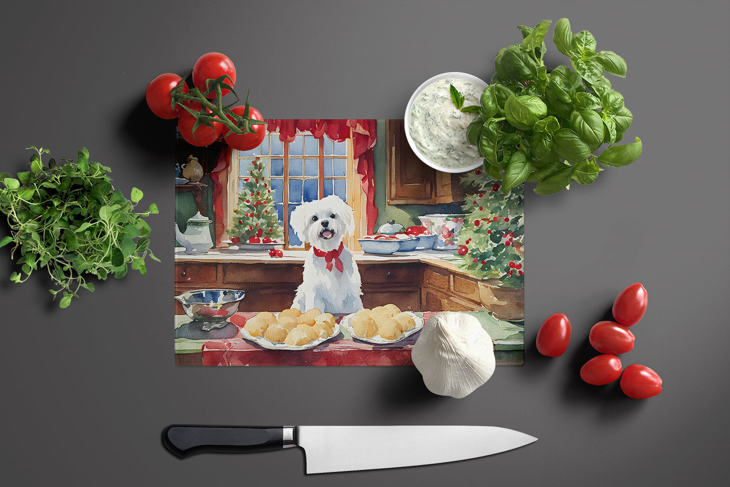 Maltese Christmas Cookies Cutting Board Tempered Glass Kitchen Cutting Surface, Heat Resistant Chopping, Non-Slip Feet, Food Prep & Serving