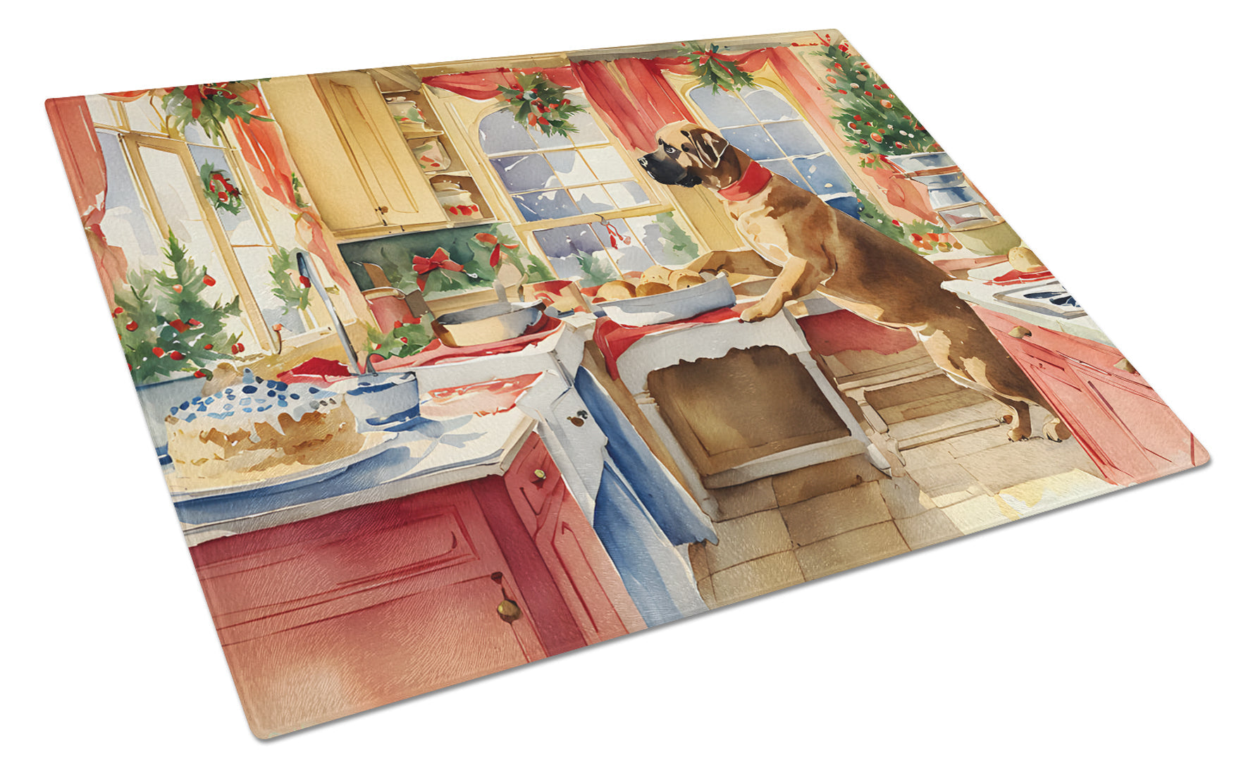 Mastiff Christmas Cookies Cutting Board Tempered Glass Kitchen Cutting Surface, Heat Resistant Chopping, Non-Slip Feet, Food Prep & Serving