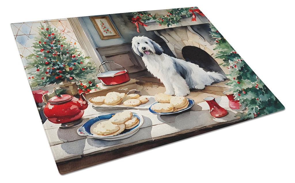 Old English Sheepdog Christmas Cookies Cutting Board Tempered Glass Kitchen Cutting Surface, Heat Resistant Chopping, Non-Slip Feet, Food Prep & Serving