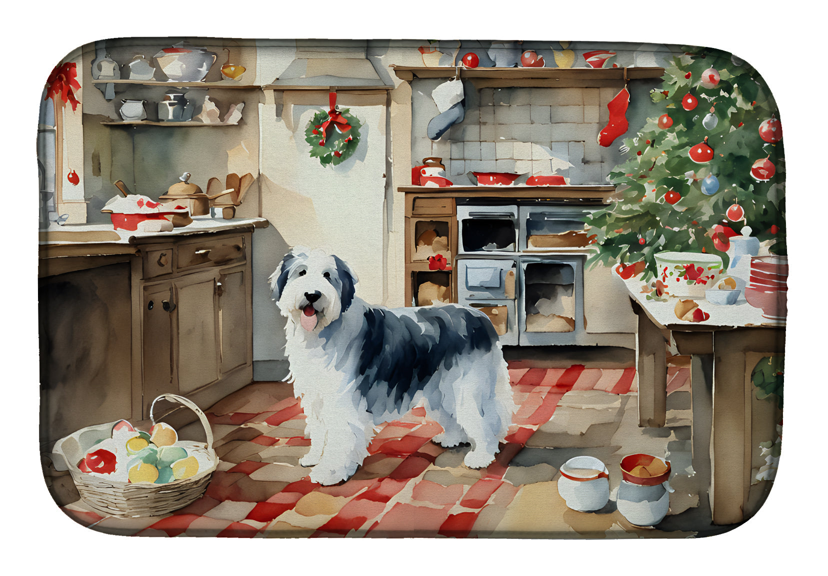 Old English Sheepdog Christmas Cookies Dish Drying Mat Absorbent Dish Drying Mat Pad for Kitchen Counter Dish Drainer Mat for Countertop, 14 x 21", Multicolor