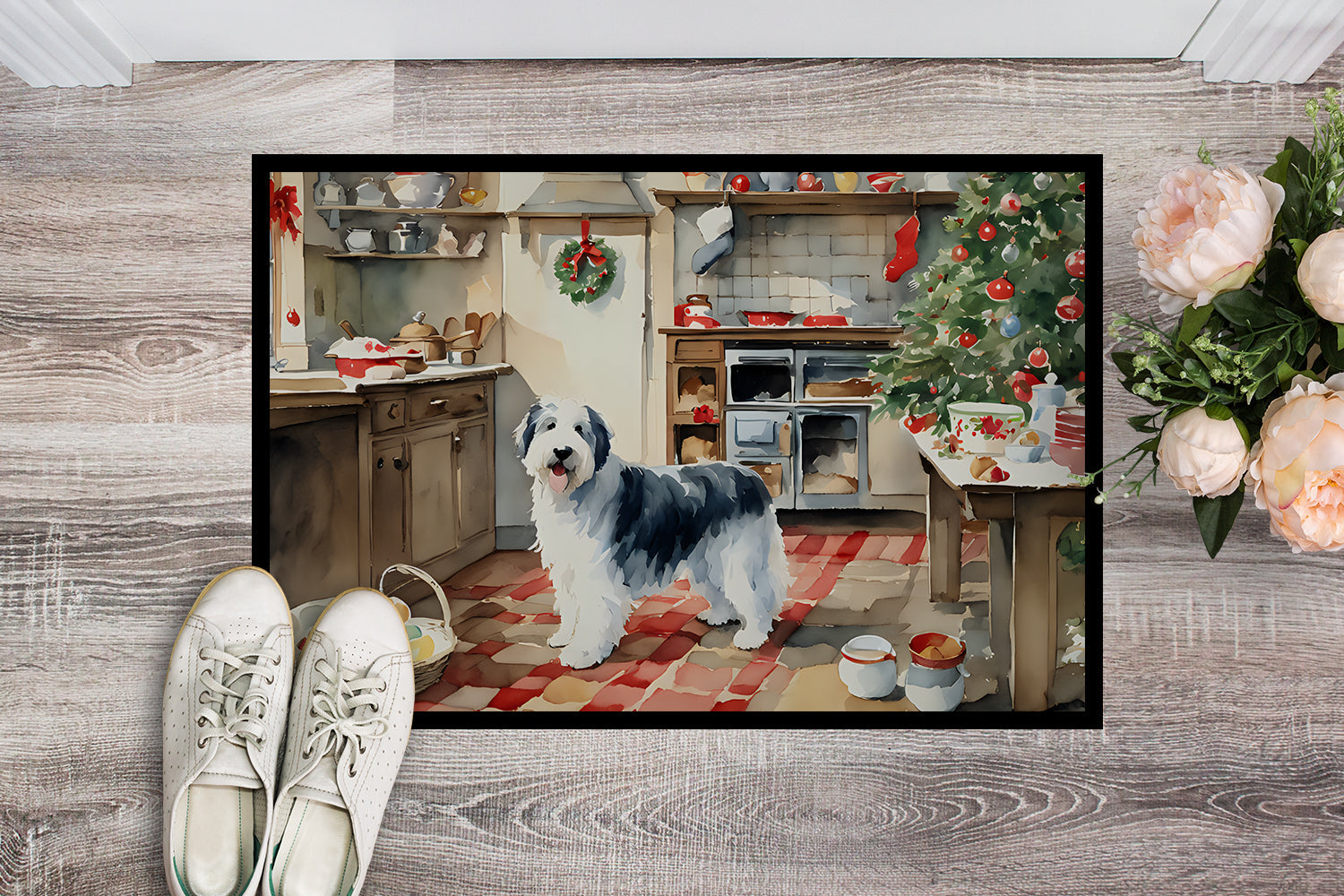 Old English Sheepdog Christmas Cookies Doormat Indoor Outdoor 18H X 27W Front Door Mat Rugs for Entryway, Non Slip Washable