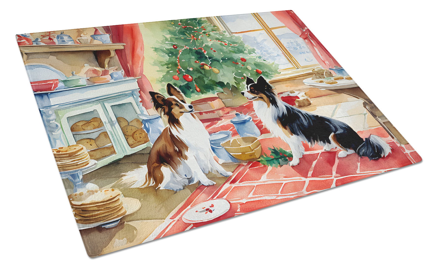 Papillon Christmas Cookies Cutting Board Tempered Glass Kitchen Cutting Surface, Heat Resistant Chopping, Non-Slip Feet, Food Prep & Serving