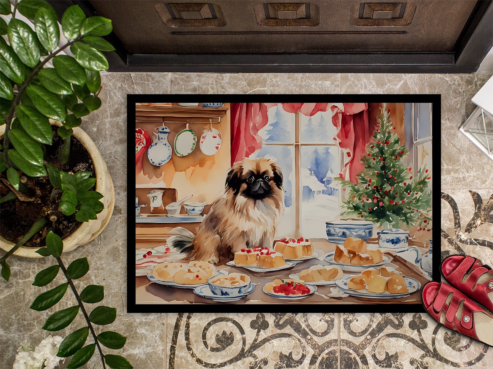 Pekingese Christmas Cookies Doormat Indoor Outdoor 24H X 36W Front Door Mat Rugs for Entryway, Non Slip Washable Low Pile,