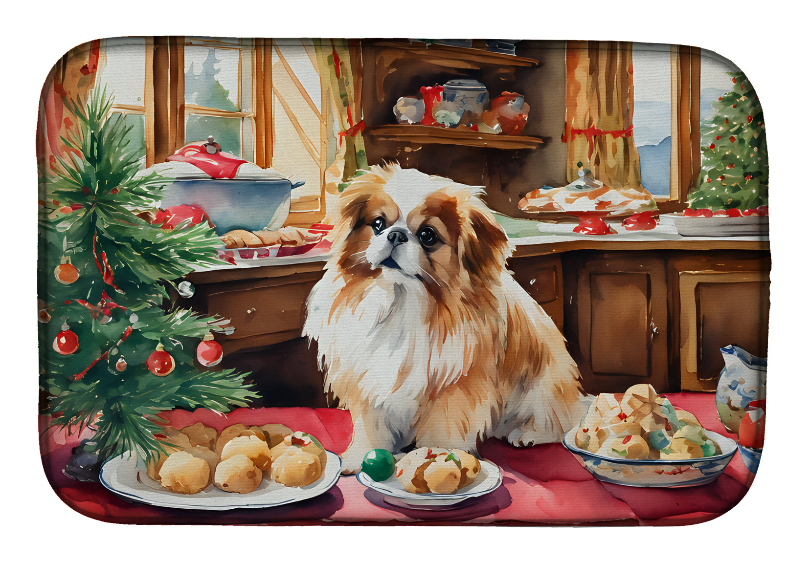 Pekingese Christmas Cookies Dish Drying Mat Absorbent Dish Drying Mat Pad for Kitchen Counter Dish Drainer Mat for Countertop, 14 x 21", Multicolor