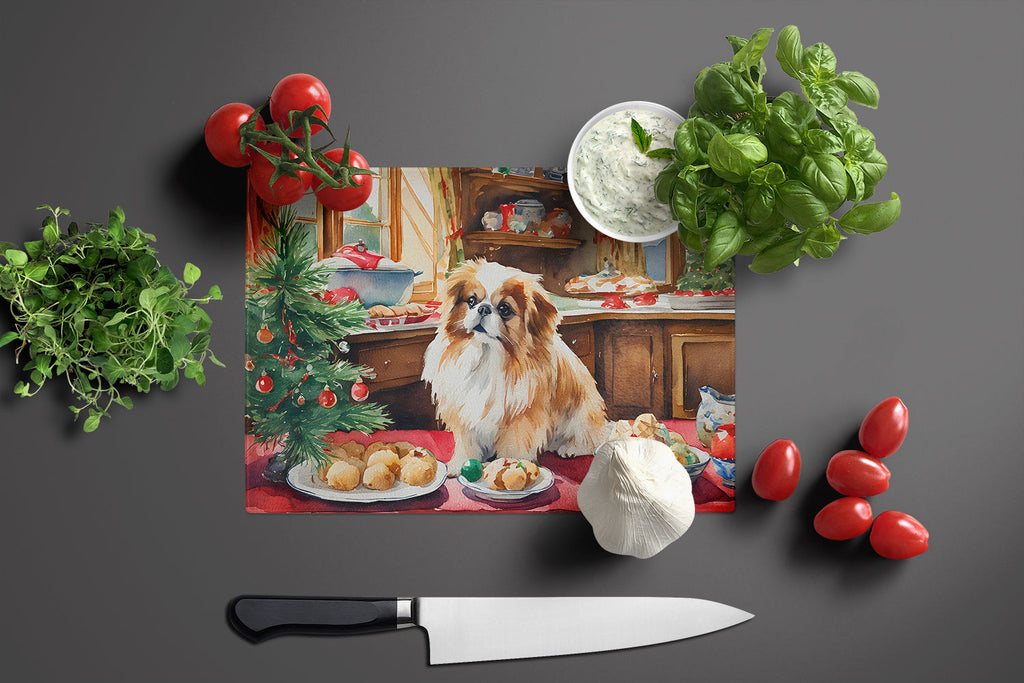 Pekingese Christmas Cookies Cutting Board Tempered Glass Kitchen Cutting Surface, Heat Resistant Chopping, Non-Slip Feet, Food Prep & Serving
