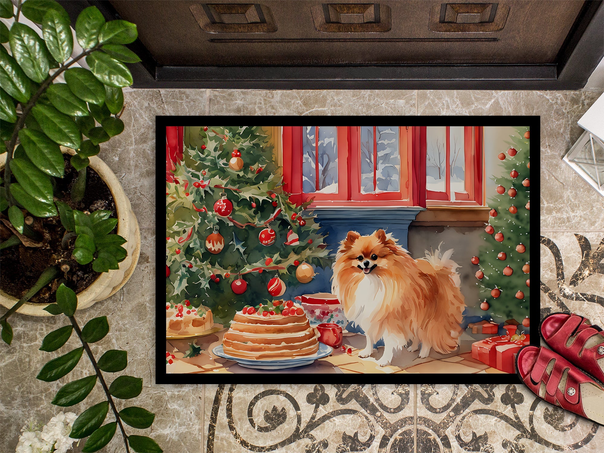 Pomeranian Christmas Cookies Doormat Indoor Outdoor 24H X 36W Front Door Mat Rugs for Entryway, Non Slip Washable Low Pile,