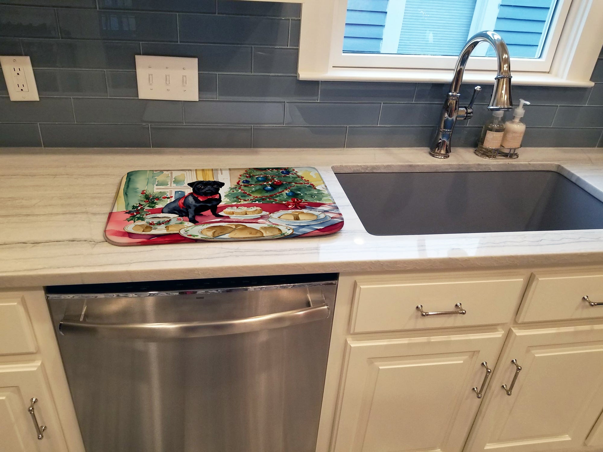 Pug Christmas Cookies Dish Drying Mat Absorbent Dish Drying Mat Pad for Kitchen Counter Dish Drainer Mat for Countertop, 14 x 21", Multicolor