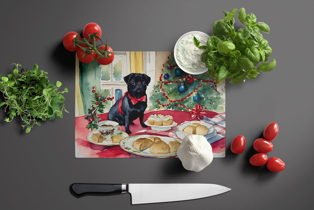 Pug Christmas Cookies Cutting Board Tempered Glass Kitchen Cutting Surface, Heat Resistant Chopping, Non-Slip Feet, Food Prep & Serving