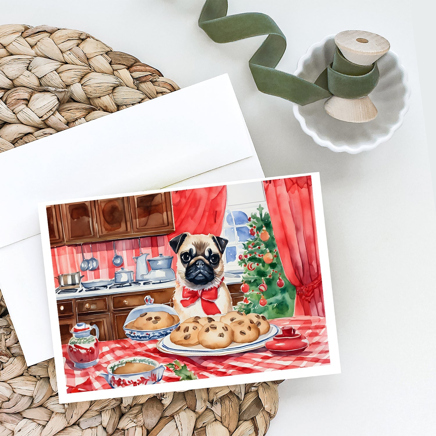 Pug Christmas Cookies Greeting Cards Pack of 8 Blank Cards with Envelopes Whimsical A7 Size 5x7