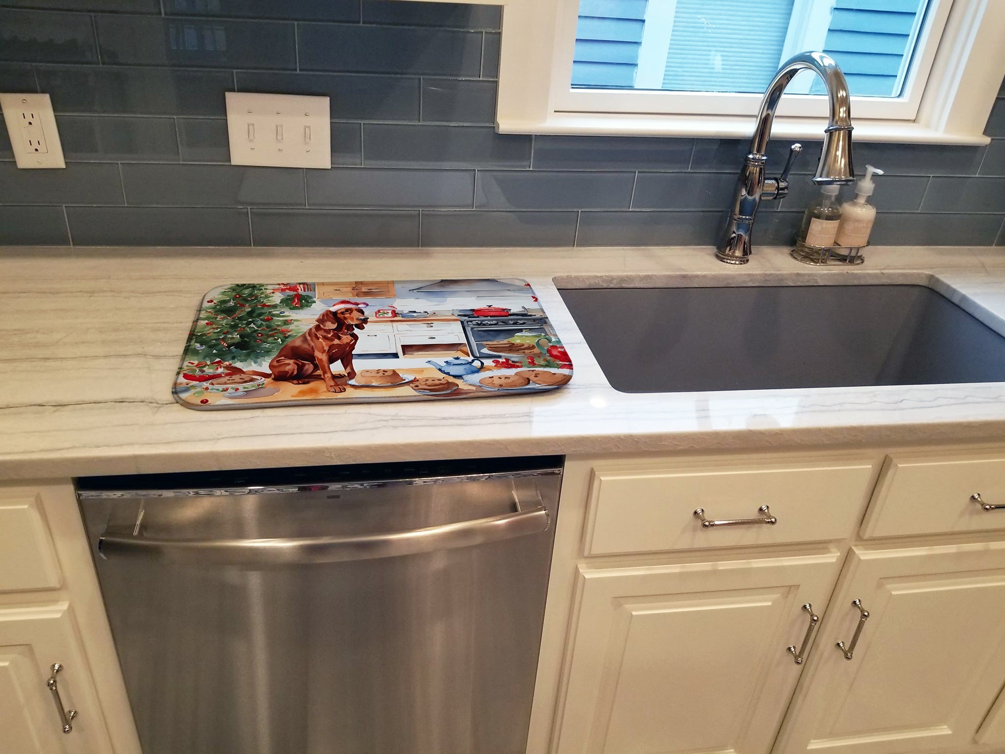 Redbone Coonhound Christmas Cookies Dish Drying Mat Absorbent Dish Drying Mat Pad for Kitchen Counter Dish Drainer Mat for Countertop, 14 x 21", Multicolor