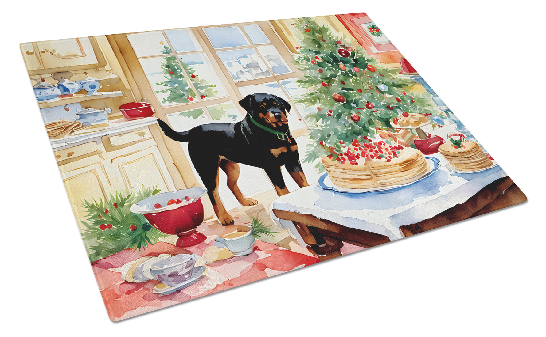 Rottweiler Christmas Cookies Cutting Board Tempered Glass Kitchen Cutting Surface, Heat Resistant Chopping, Non-Slip Feet, Food Prep & Serving
