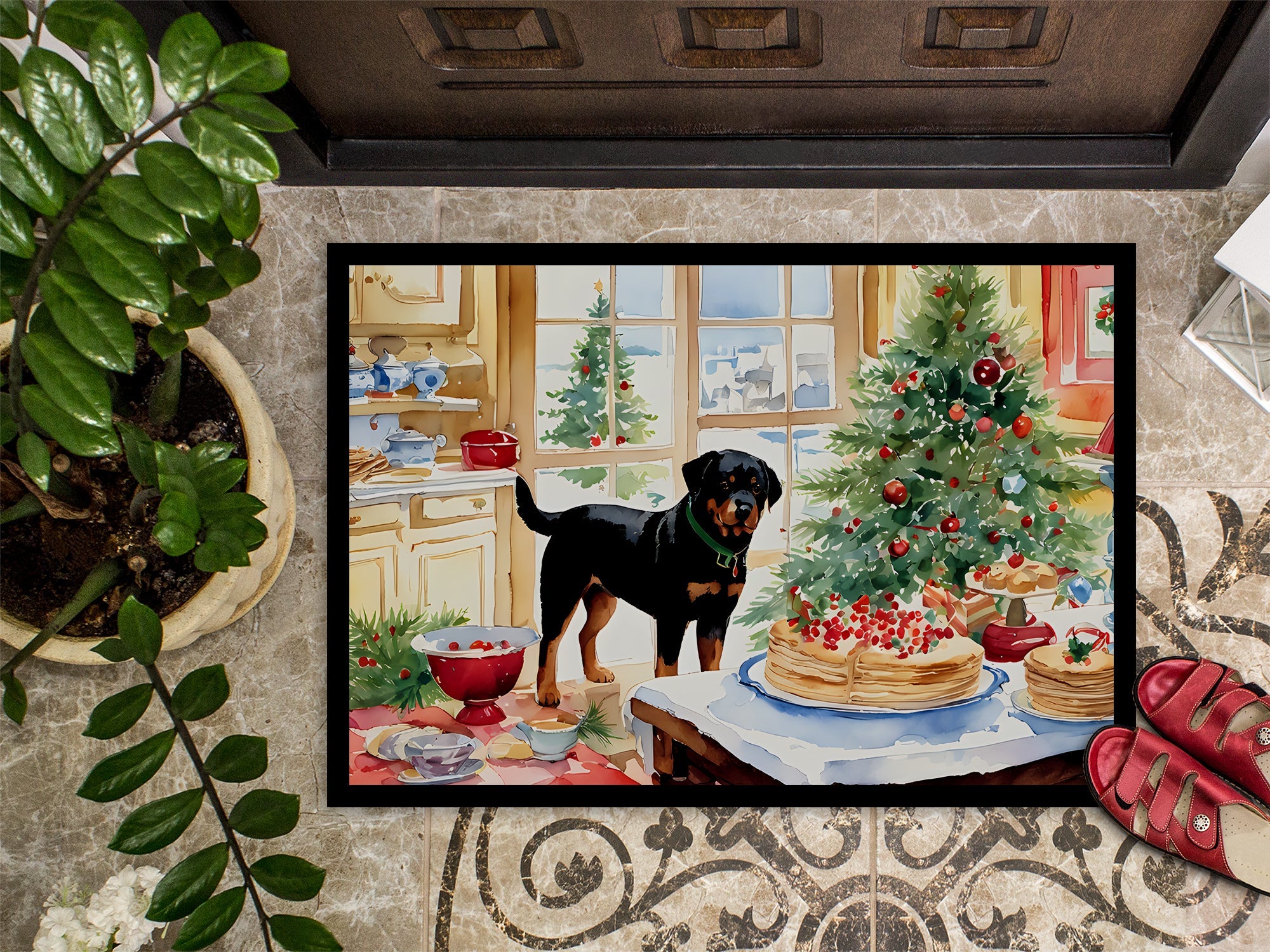 Rottweiler Christmas Cookies Doormat Indoor Outdoor 18H X 27W Front Door Mat Rugs for Entryway, Non Slip Washable
