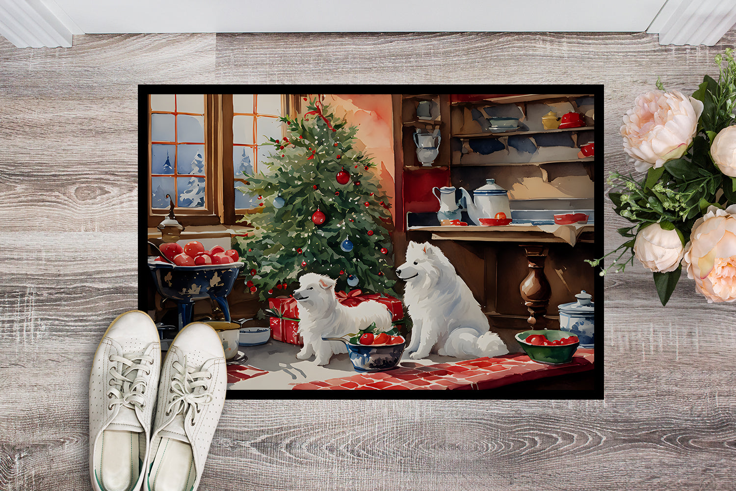 Samoyed Christmas Cookies Doormat Indoor Outdoor 18H X 27W Front Door Mat Rugs for Entryway, Non Slip Washable