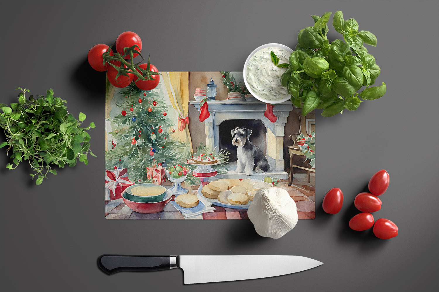 Schnauzer Christmas Cookies Cutting Board Tempered Glass Kitchen Cutting Surface, Heat Resistant Chopping, Non-Slip Feet, Food Prep & Serving