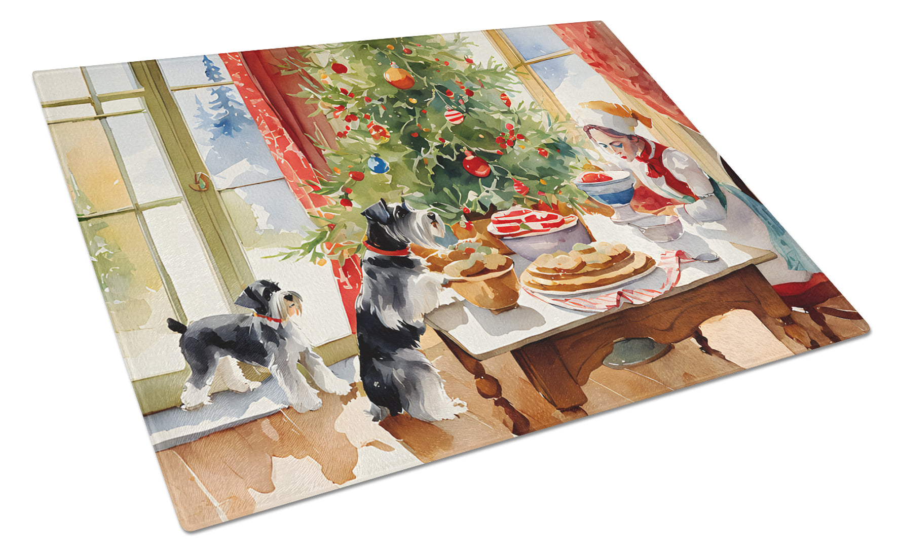 Schnauzer Christmas Cookies Cutting Board Tempered Glass Kitchen Cutting Surface, Heat Resistant Chopping, Non-Slip Feet, Food Prep & Serving