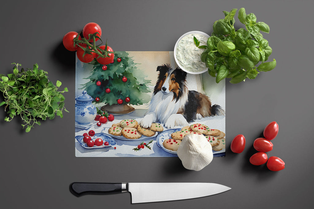 Sheltie Christmas Cookies Cutting Board Tempered Glass Kitchen Cutting Surface, Heat Resistant Chopping, Non-Slip Feet, Food Prep & Serving