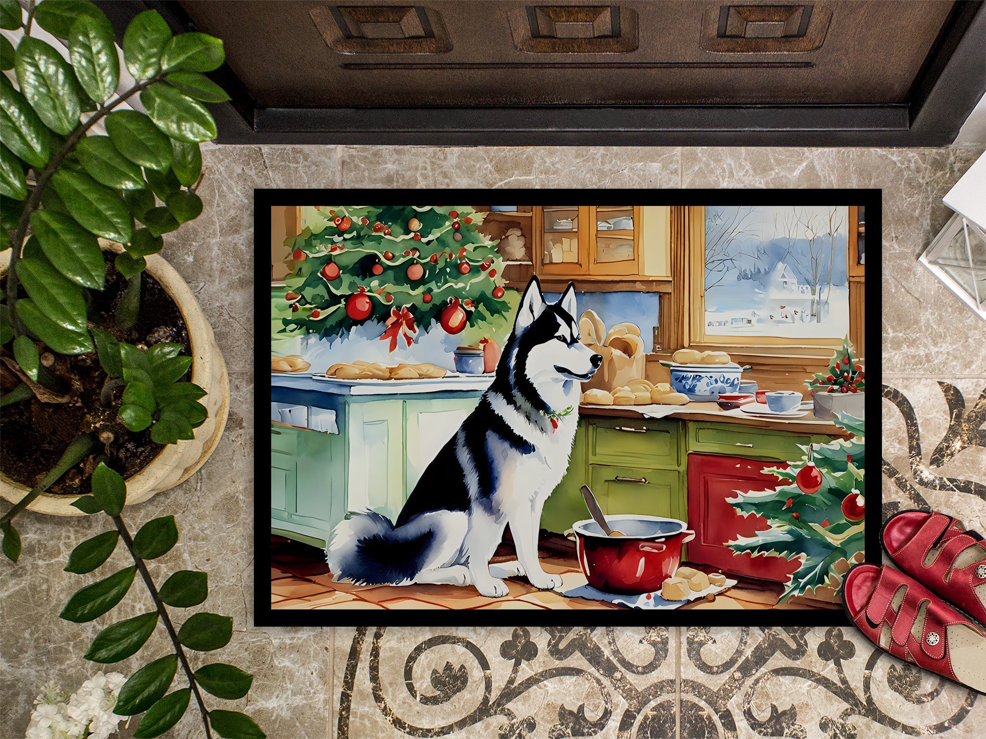 Siberian Husky Christmas Cookies Doormat Indoor Outdoor 24H X 36W Front Door Mat Rugs for Entryway, Non Slip Washable Low Pile,