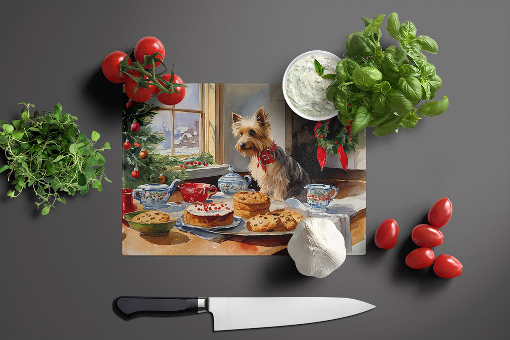 Silky Terrier Christmas Cookies Cutting Board Tempered Glass Kitchen Cutting Surface, Heat Resistant Chopping, Non-Slip Feet, Food Prep & Serving