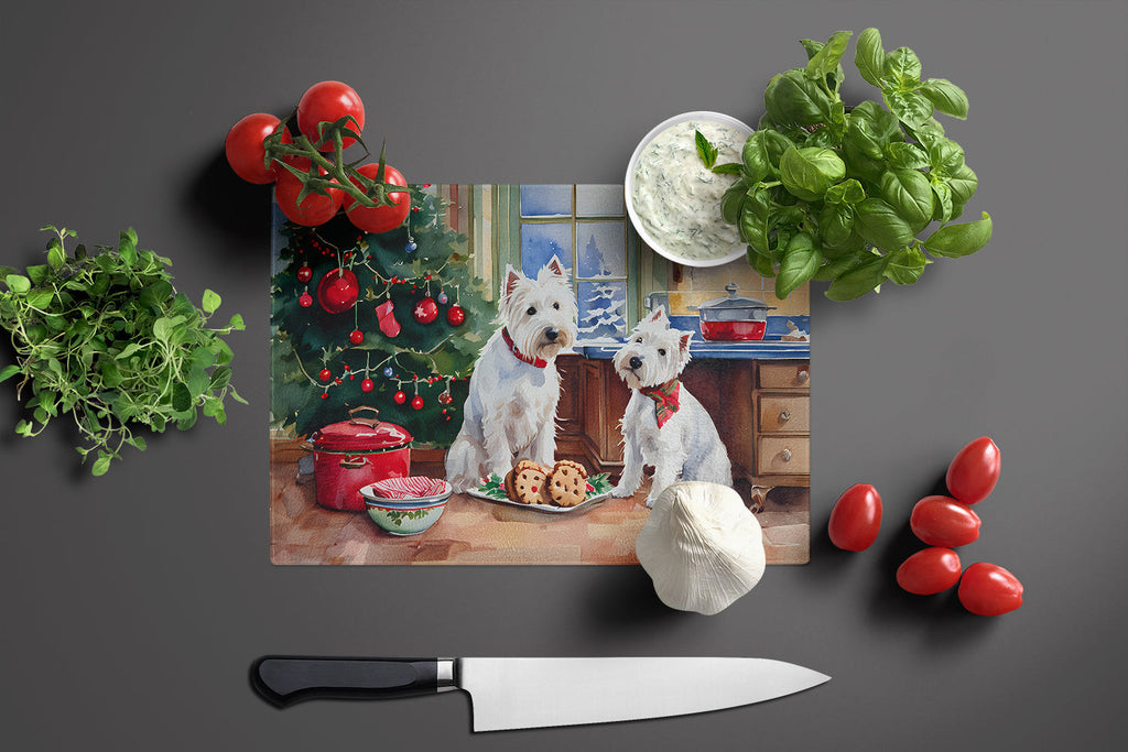 Westie Christmas Cookies Cutting Board Tempered Glass Kitchen Cutting Surface, Heat Resistant Chopping, Non-Slip Feet, Food Prep & Serving
