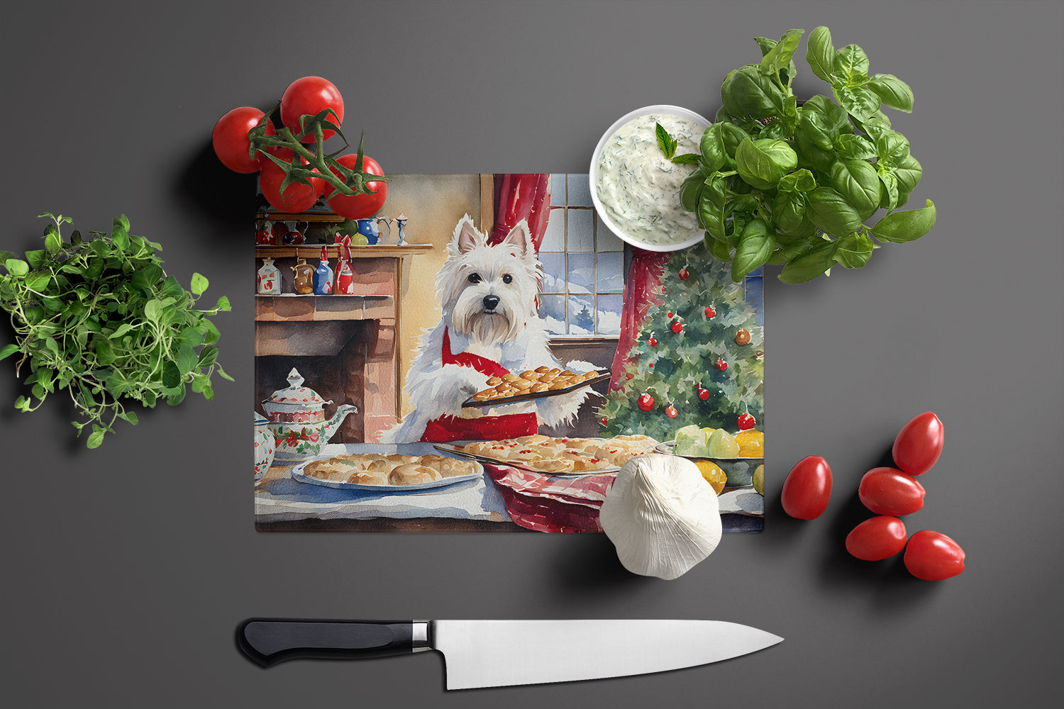 Westie Christmas Cookies Cutting Board Tempered Glass Kitchen Cutting Surface, Heat Resistant Chopping, Non-Slip Feet, Food Prep & Serving