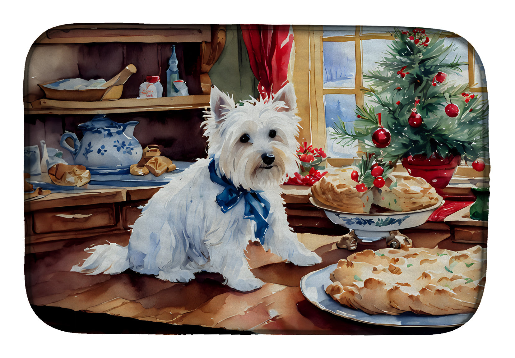 Westie Christmas Cookies Dish Drying Mat Absorbent Dish Drying Mat Pad for Kitchen Counter Dish Drainer Mat for Countertop, 14 x 21", Multicolor