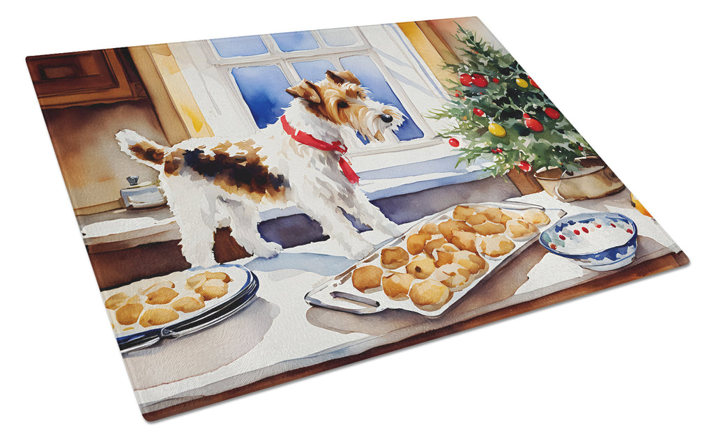 Wire Fox Terrier Christmas Cookies Cutting Board Tempered Glass Kitchen Cutting Surface, Heat Resistant Chopping, Non-Slip Feet, Food Prep & Serving
