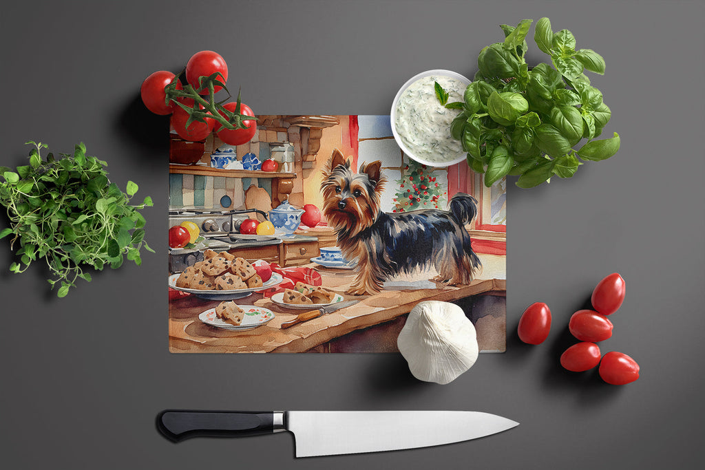 Yorkshire Terrier Yorkie Christmas Cookies Cutting Board Tempered Glass Kitchen Cutting Surface, Heat Resistant Chopping, Non-Slip Feet, Food Prep & Serving