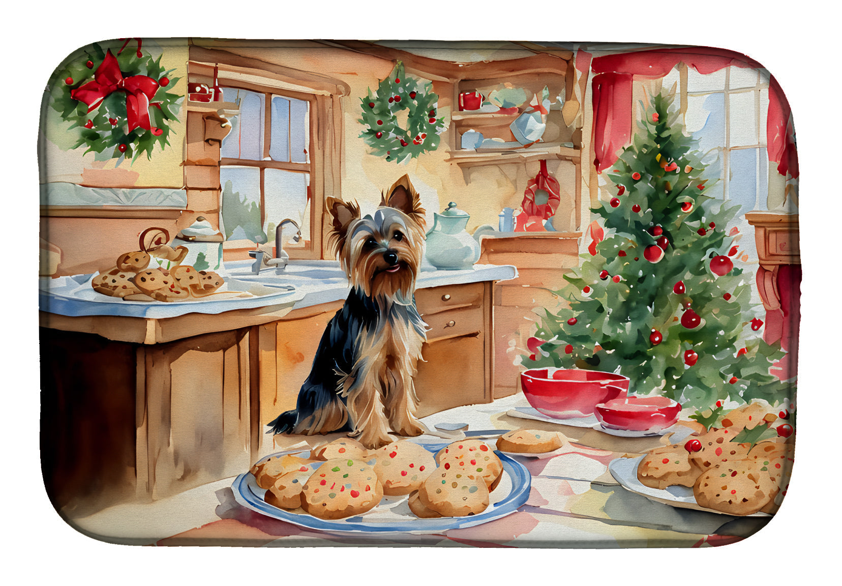 Yorkshire Terrier Yorkie Christmas Cookies Dish Drying Mat Absorbent Dish Drying Mat Pad for Kitchen Counter Dish Drainer Mat for Countertop, 14 x 21", Multicolor