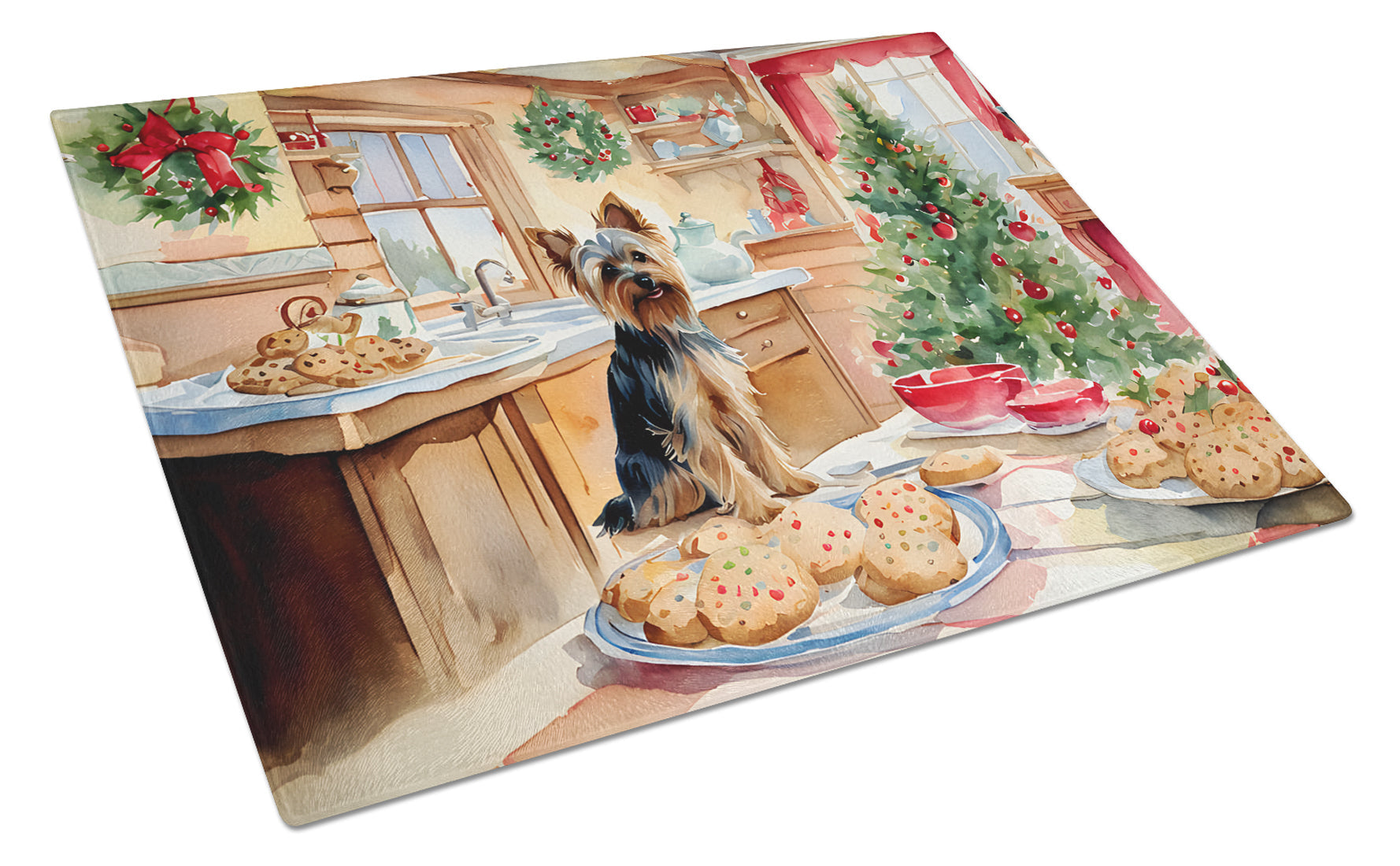 Yorkshire Terrier Yorkie Christmas Cookies Cutting Board Tempered Glass Kitchen Cutting Surface, Heat Resistant Chopping, Non-Slip Feet, Food Prep & Serving