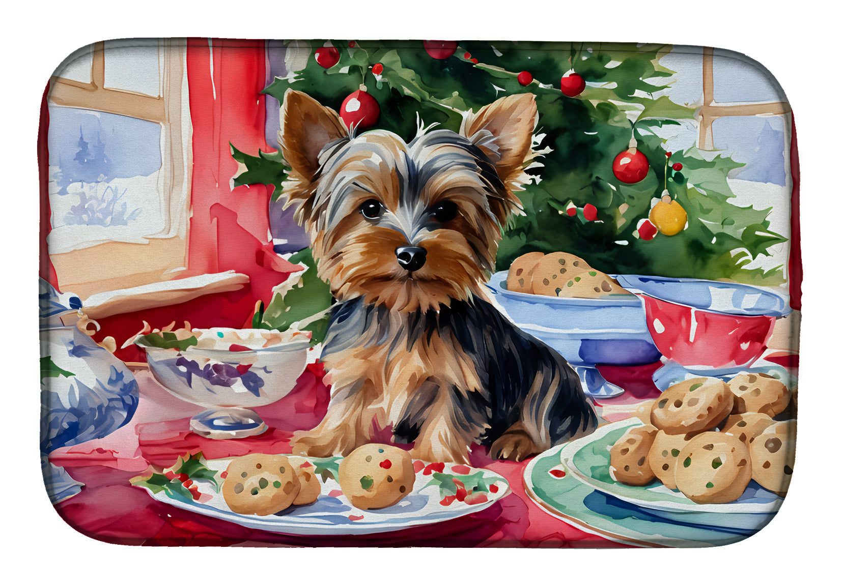 Yorkshire Terrier Yorkie Christmas Cookies Dish Drying Mat Absorbent Dish Drying Mat Pad for Kitchen Counter Dish Drainer Mat for Countertop, 14 x 21", Multicolor