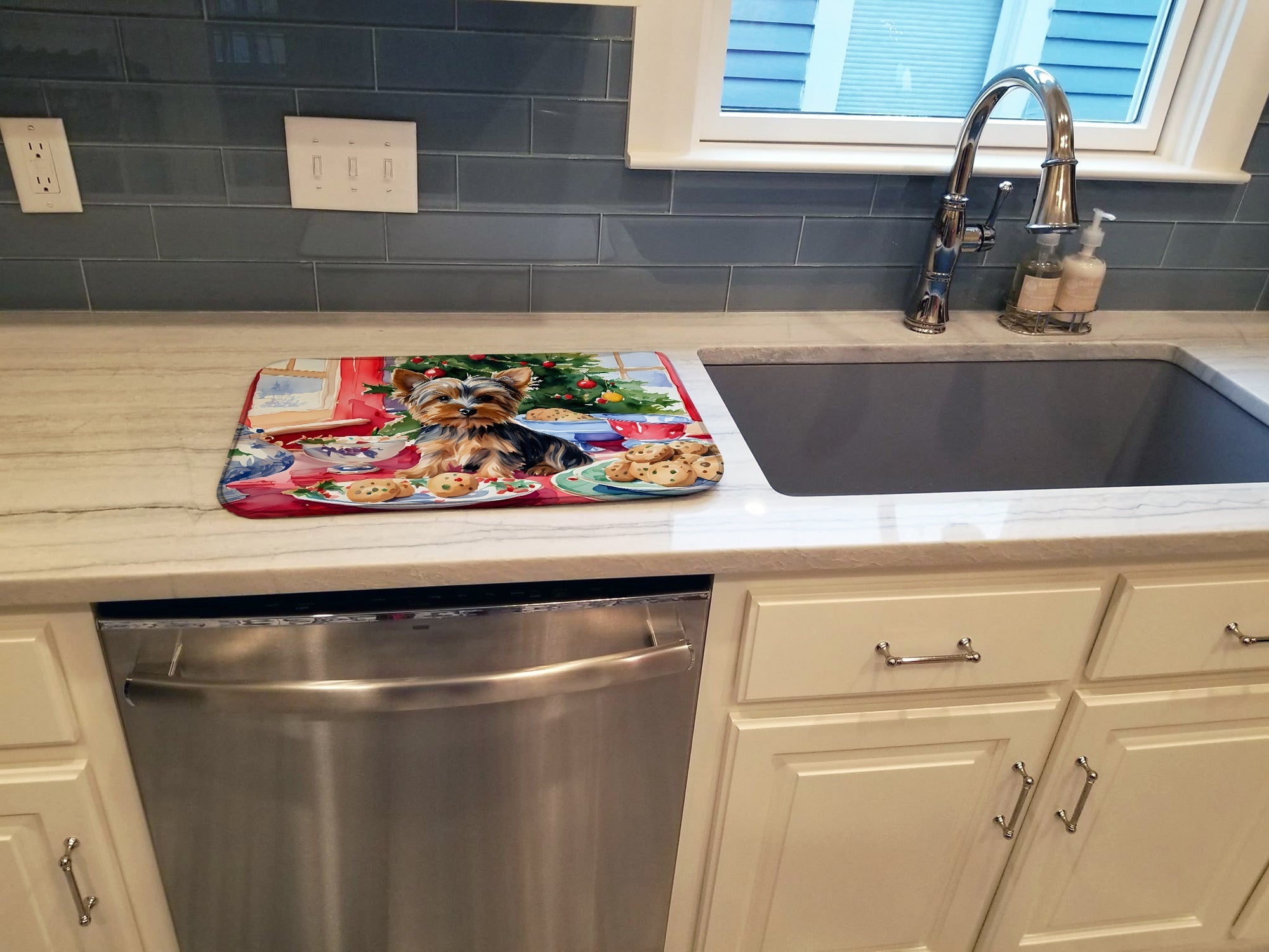 Yorkshire Terrier Yorkie Christmas Cookies Dish Drying Mat Absorbent Dish Drying Mat Pad for Kitchen Counter Dish Drainer Mat for Countertop, 14 x 21", Multicolor