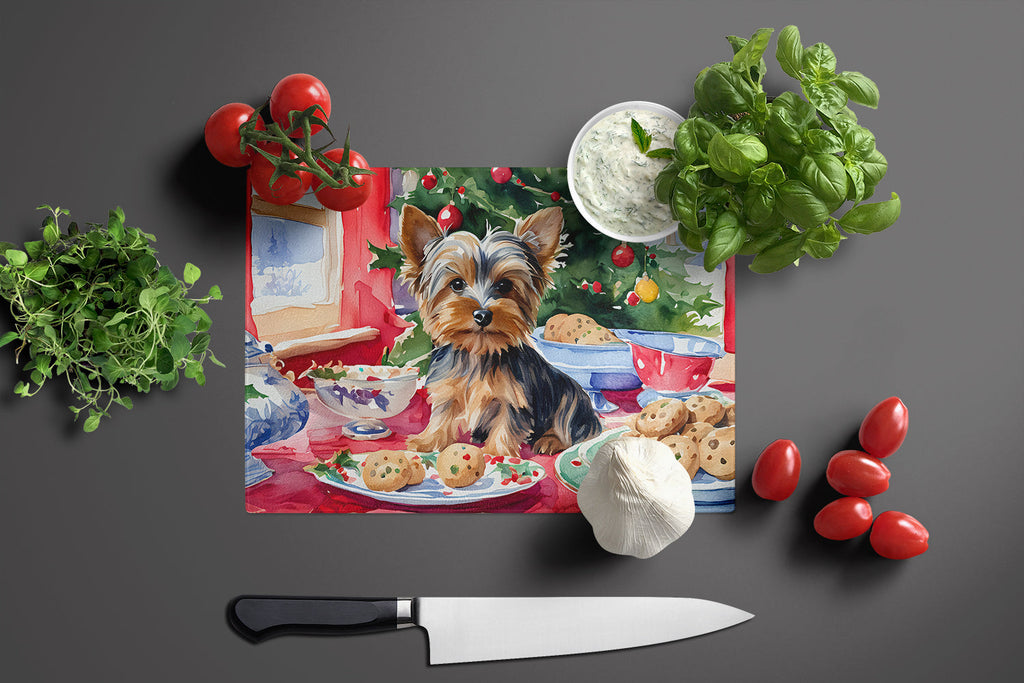 Yorkshire Terrier Yorkie Christmas Cookies Cutting Board Tempered Glass Kitchen Cutting Surface, Heat Resistant Chopping, Non-Slip Feet, Food Prep & Serving