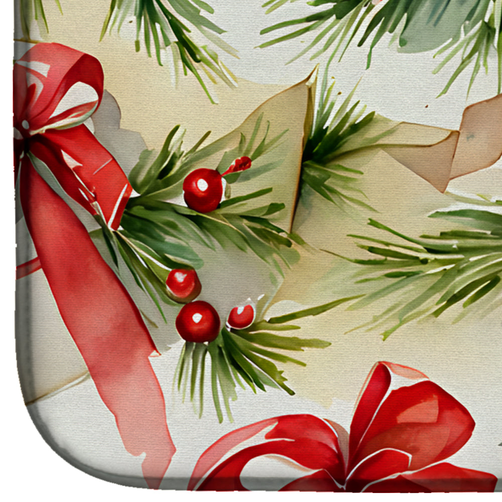Christmas Ribbon and Gift Pattern Dish Drying Mat Absorbent Dish Drying Mat Pad for Kitchen Counter Dish Drainer Mat for Countertop, 14 x 21", Multicolor