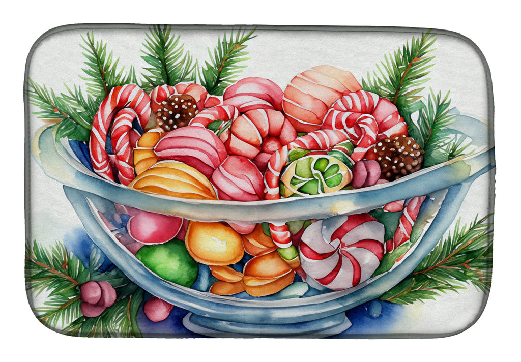 Holiday Candy Cane Bowl with Pine Watercolor Dish Drying Mat Absorbent Dish Drying Mat Pad for Kitchen Counter Dish Drainer Mat for Countertop, 14 x 21", Multicolor