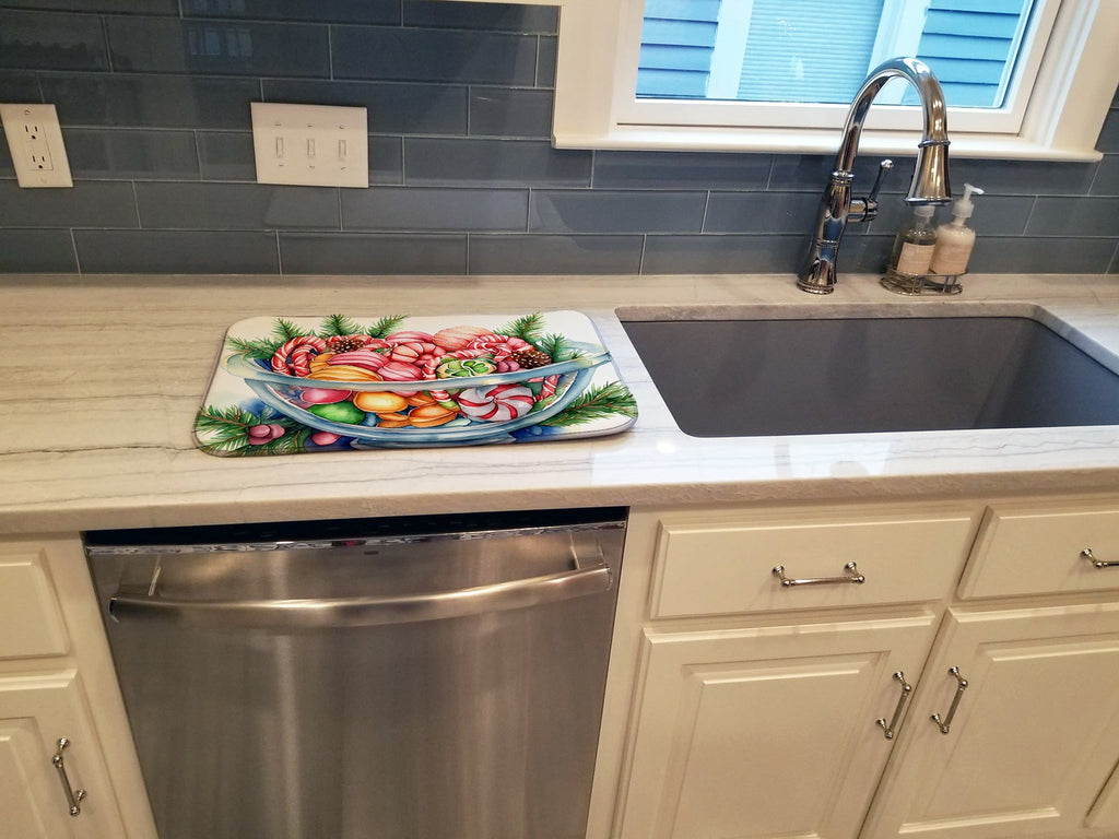 Holiday Candy Cane Bowl with Pine Watercolor Dish Drying Mat Absorbent Dish Drying Mat Pad for Kitchen Counter Dish Drainer Mat for Countertop, 14 x 21", Multicolor