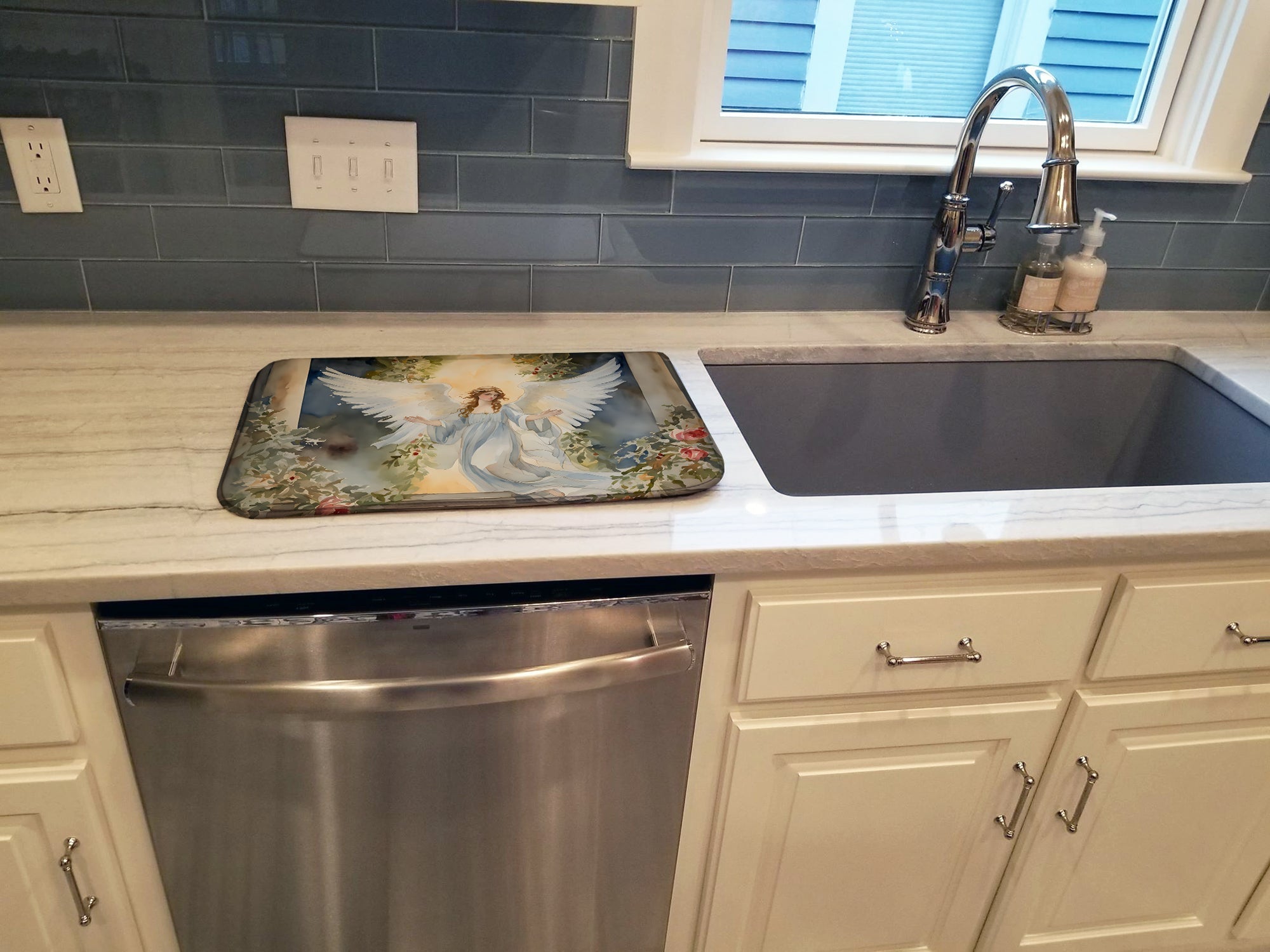 Angel with Floral Arch Christmas Watercolor Dish Drying Mat Absorbent Dish Drying Mat Pad for Kitchen Counter Dish Drainer Mat for Countertop, 14 x 21", Multicolor