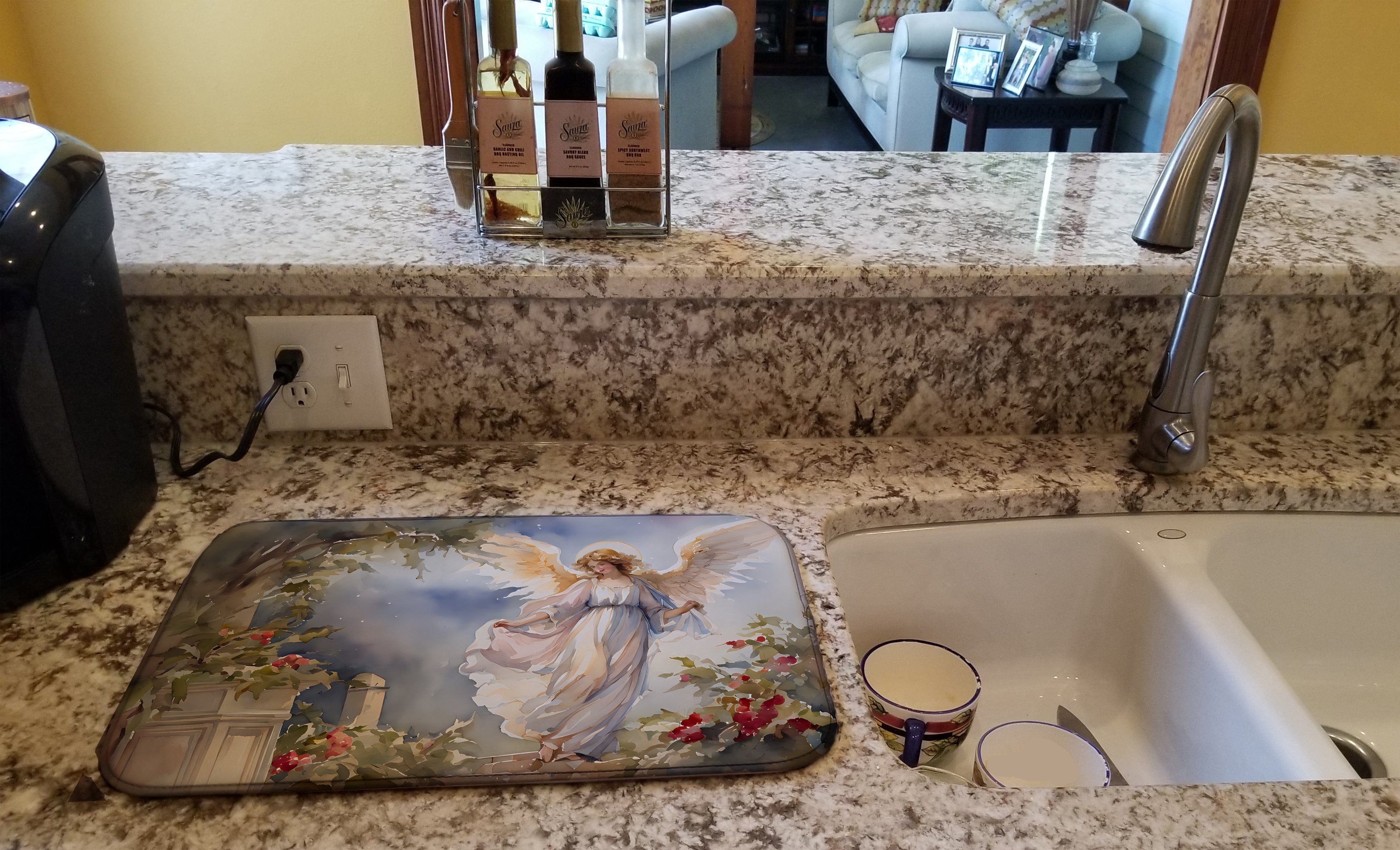 Heavenly Angel Garden Scene Watercolor Dish Drying Mat Absorbent Dish Drying Mat Pad for Kitchen Counter Dish Drainer Mat for Countertop, 14 x 21", Multicolor